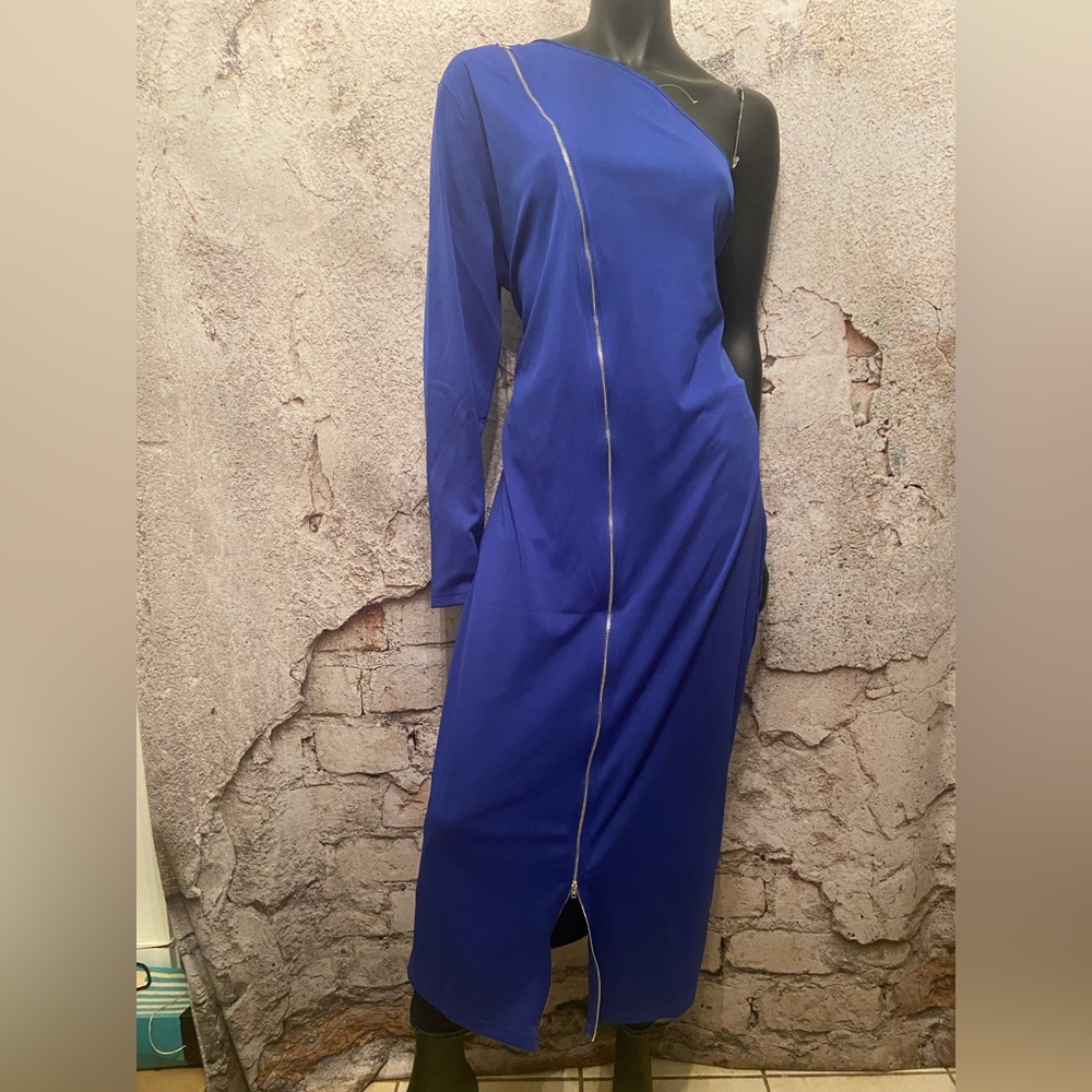 Royal Blue One Shoulder Zipper Maxi Dress